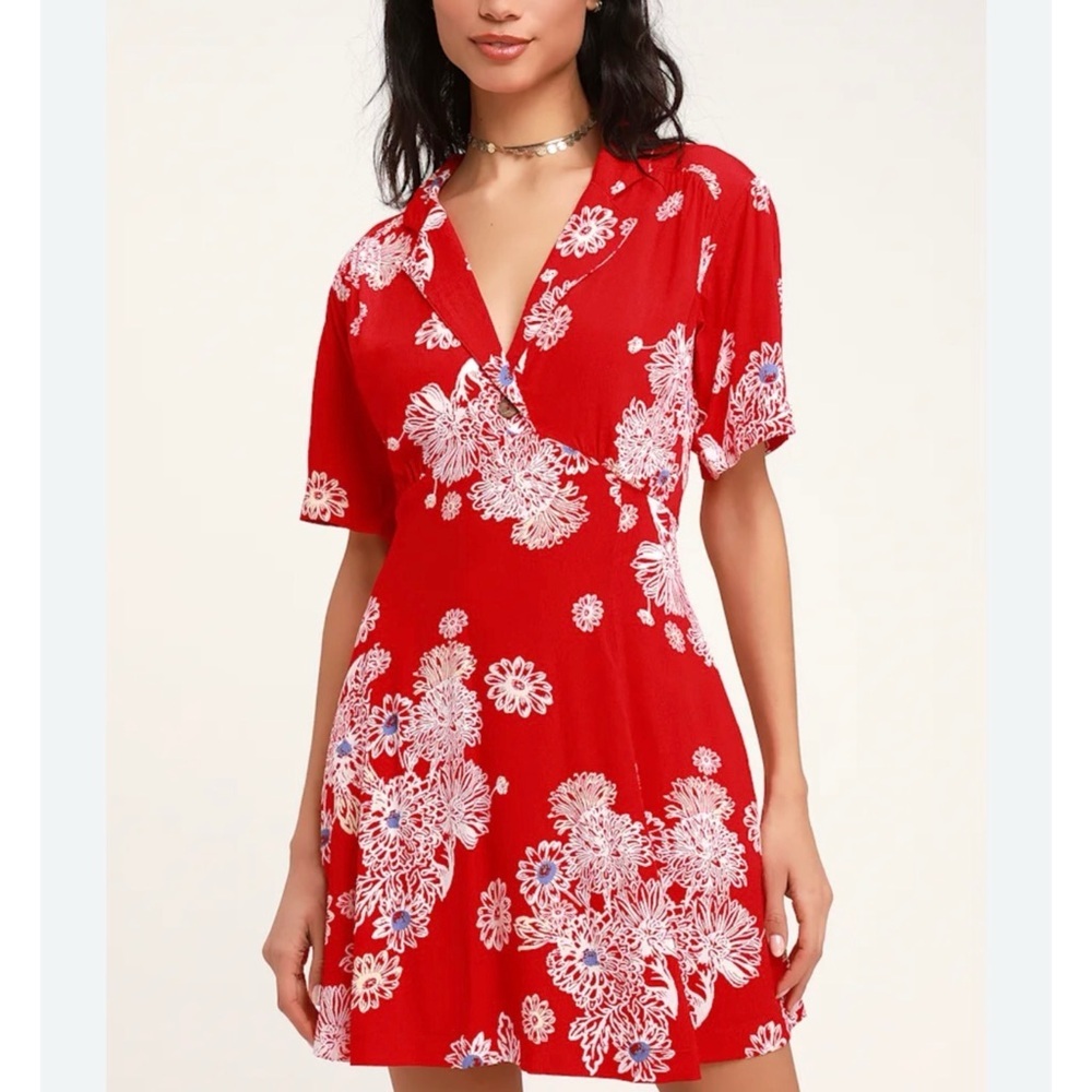 Free People Blue Hawaii Red Floral Print Short Sleeve Mini Dress EUC